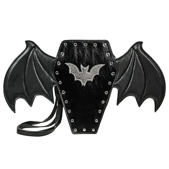 Black Gothic Coffin Bat Wing Backpack Handbag Faux Leather Adjustable Straps - Picture 1 of 6